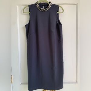 NWT. Ann Taylor evening dress Grey with rhinestone collar.